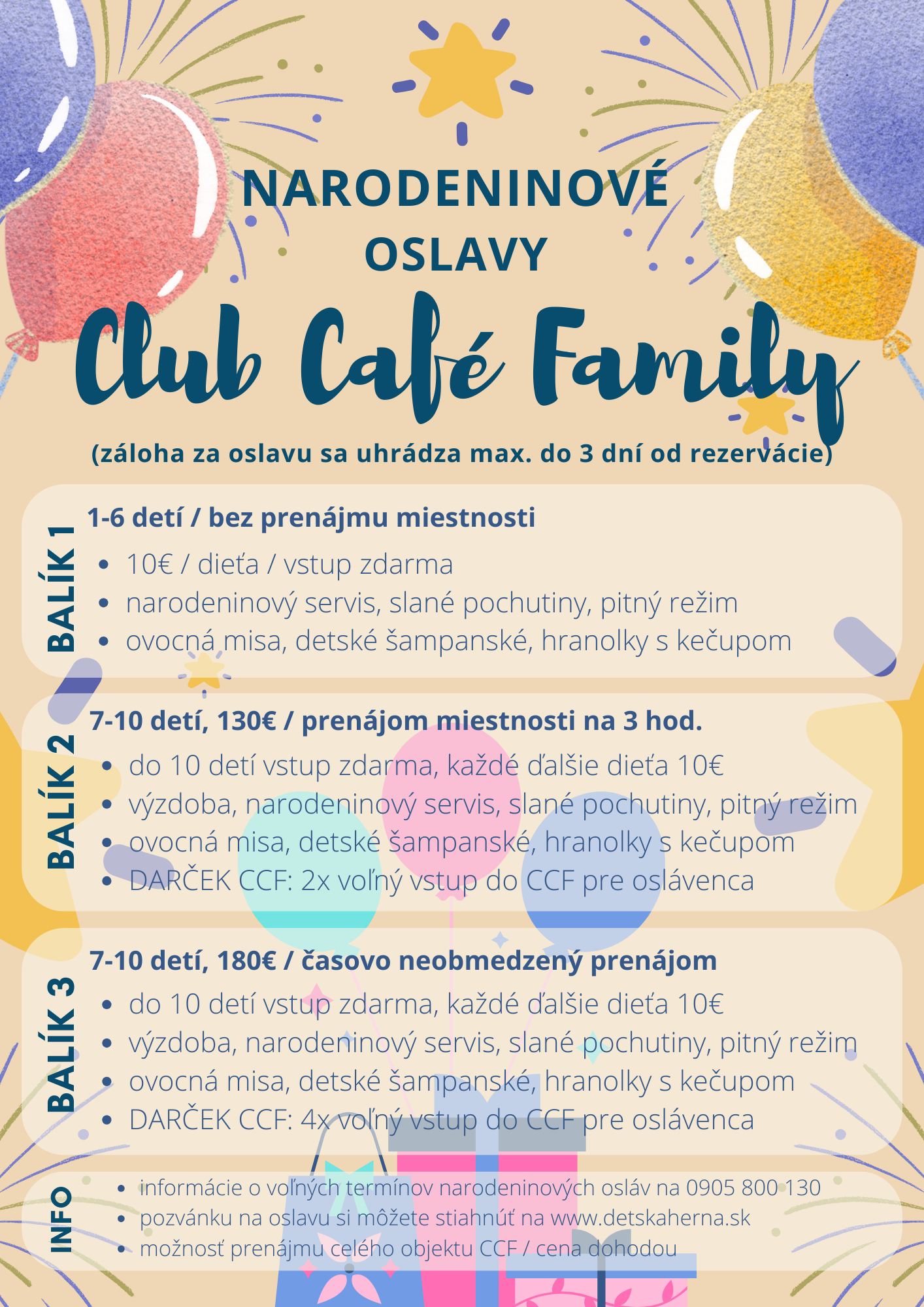 cenník narodeninových osláv Club Café Family