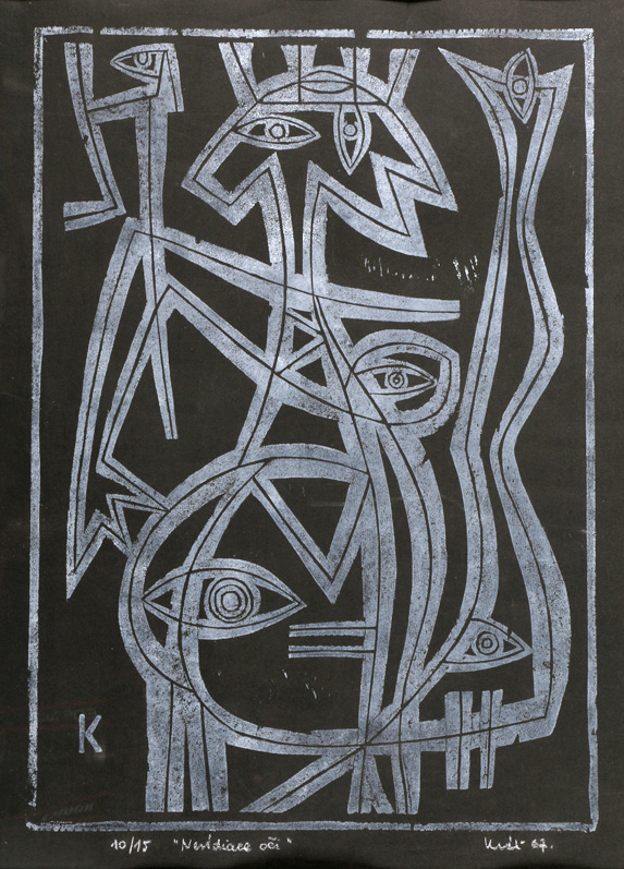 Blind eyes - papier, drevorez, 53 x 39 cm, 1967