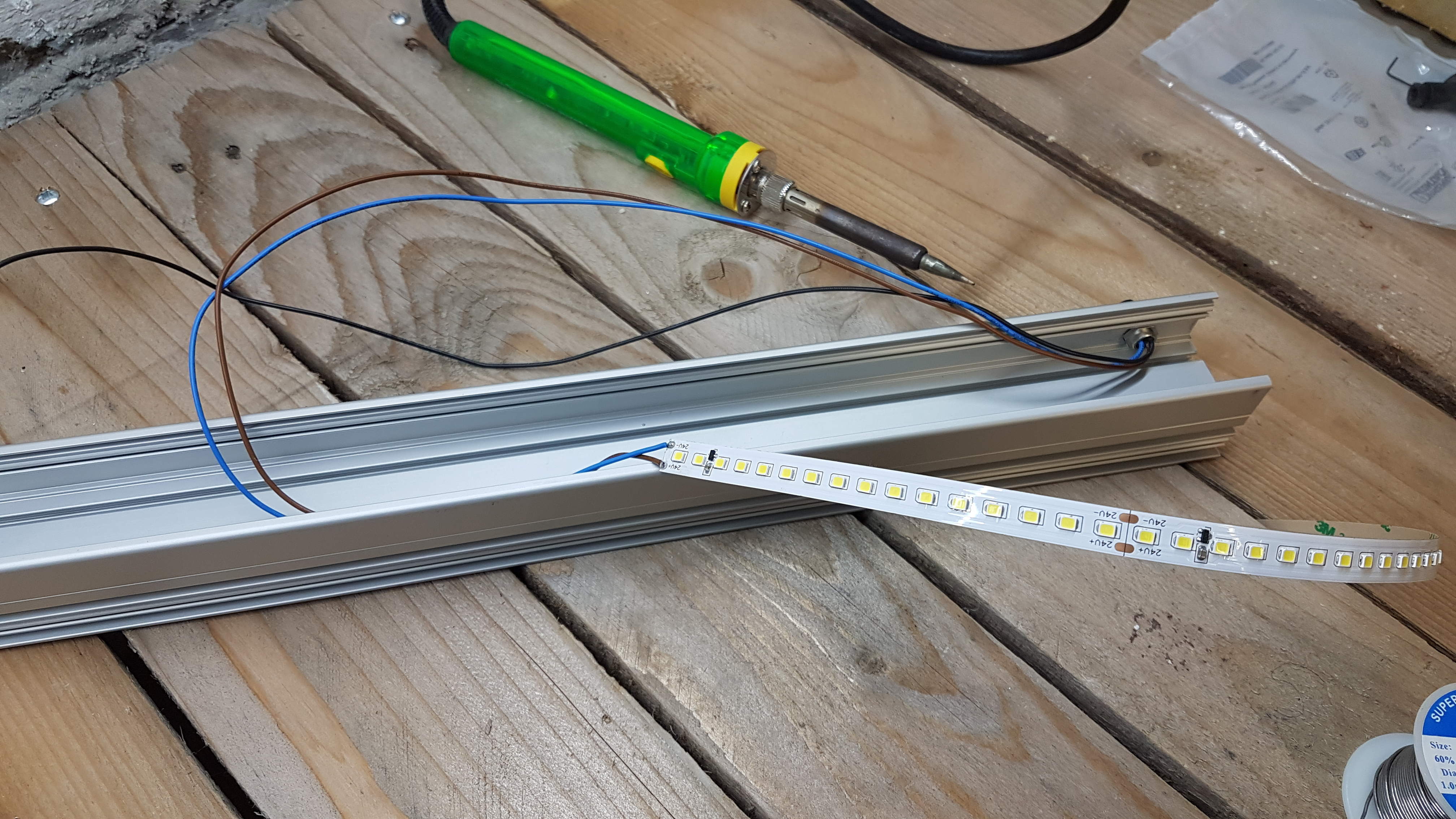 The LED strip is soldered to the connector cables
