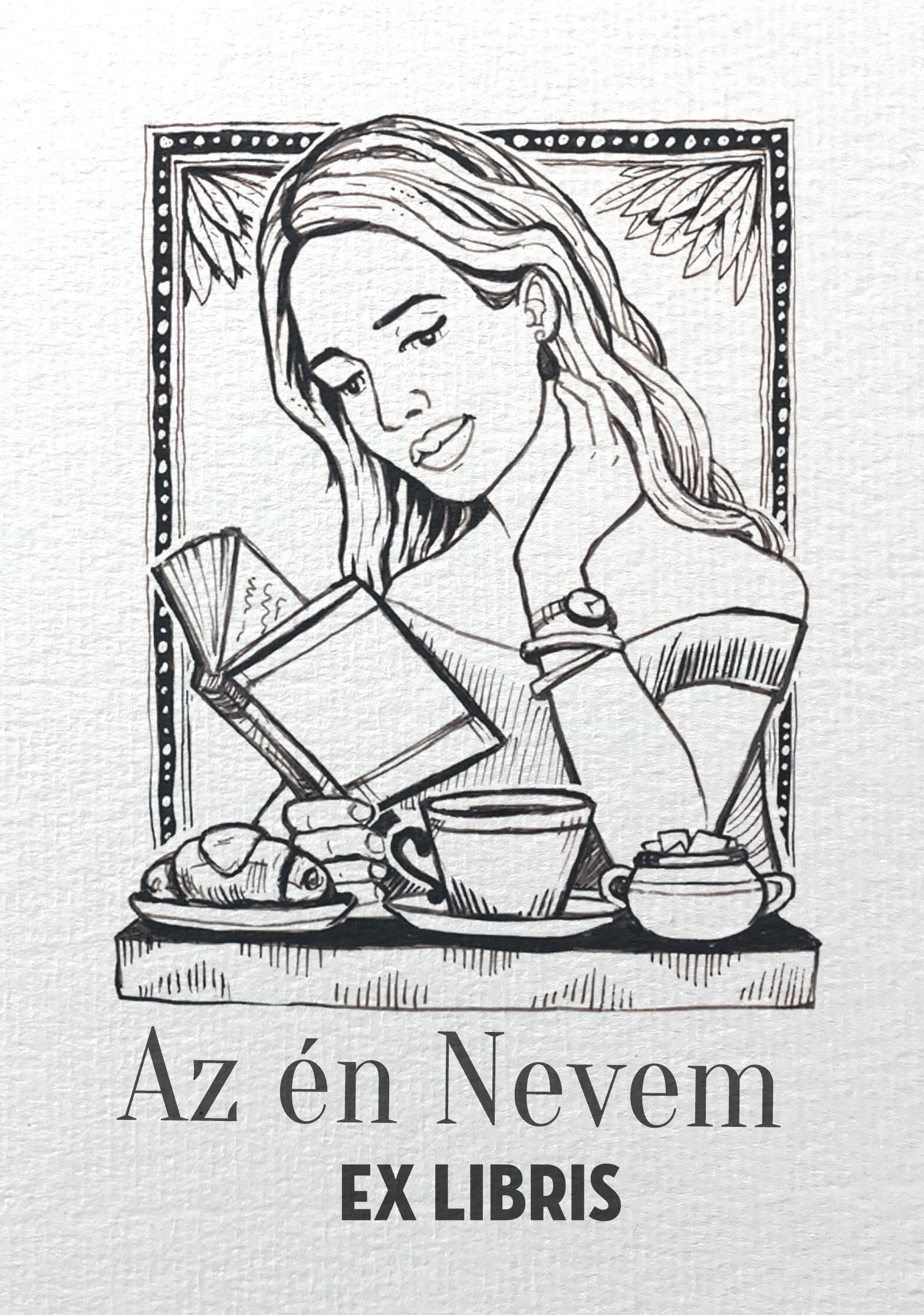 Ex libris pecsét  - olvasó nő kávéval
