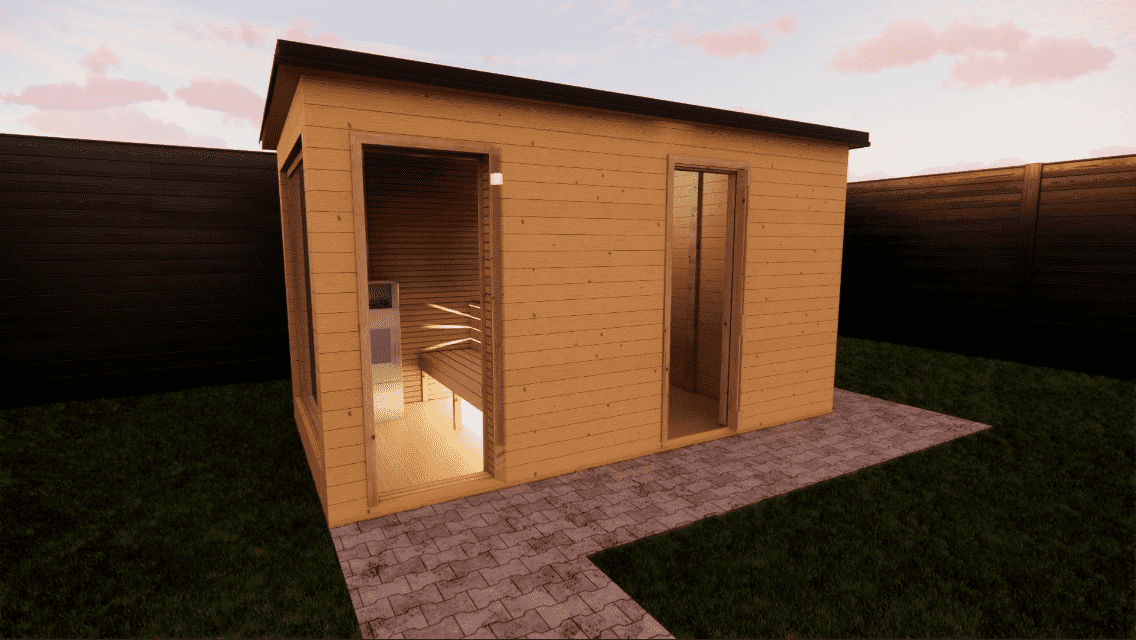Exteriér drevenej sauny s interiérovým osvetlením 2