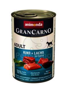 Animonda GranCarno Adult konzerva, hovädzie, losos a špenát je plnohodnotné krmivo pre dospelé psy.