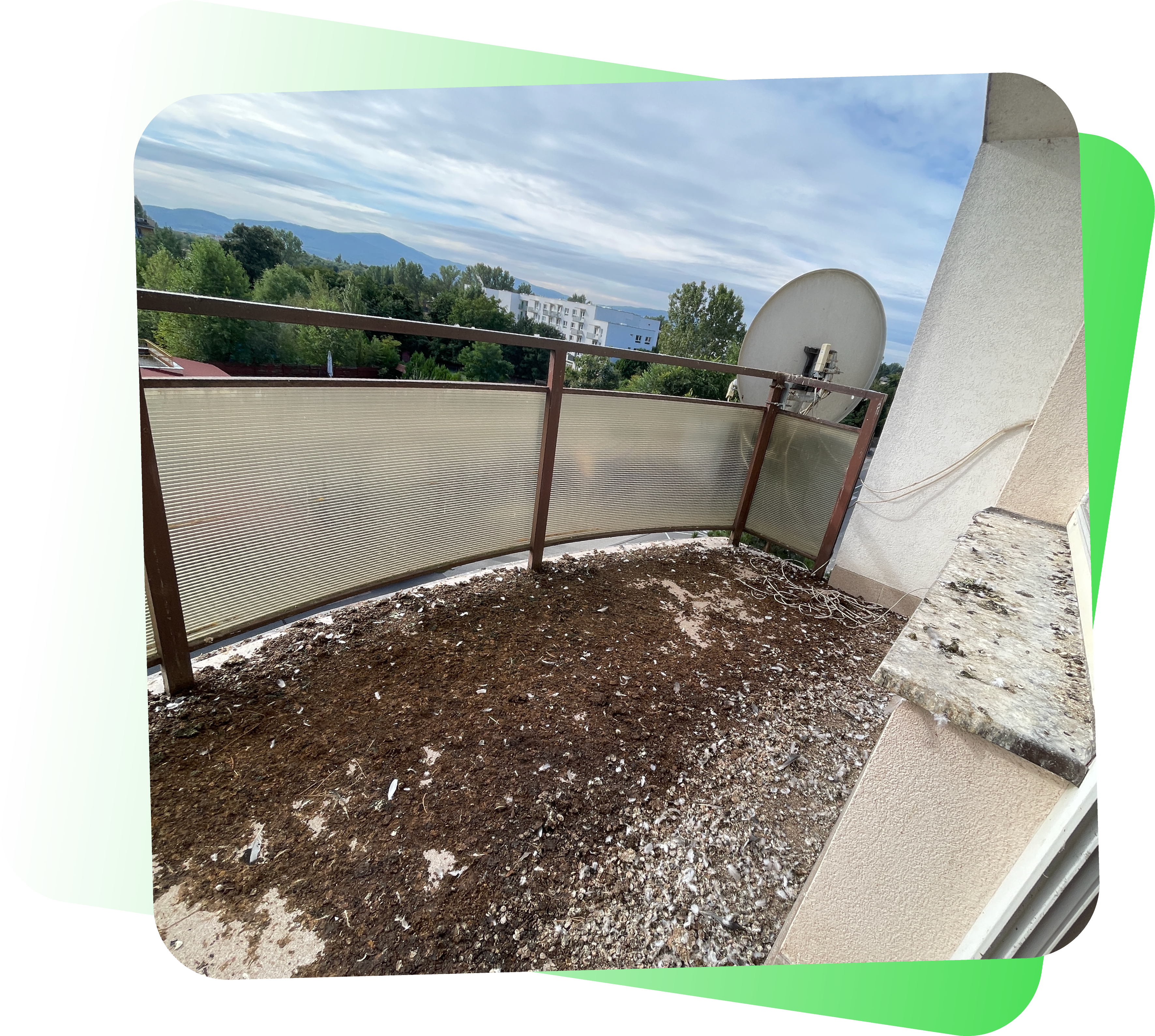Čistenie holubieho trusu z balkónov s dezinfekciou a odstránením nečistôt