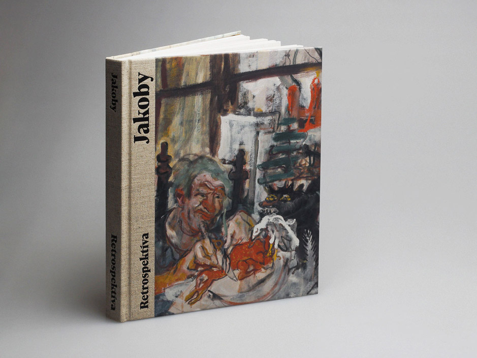 Kniha Jakoby Retrospektíva s farebnou obálkou Jakobyho obrazu na svetlosivom pozadí.