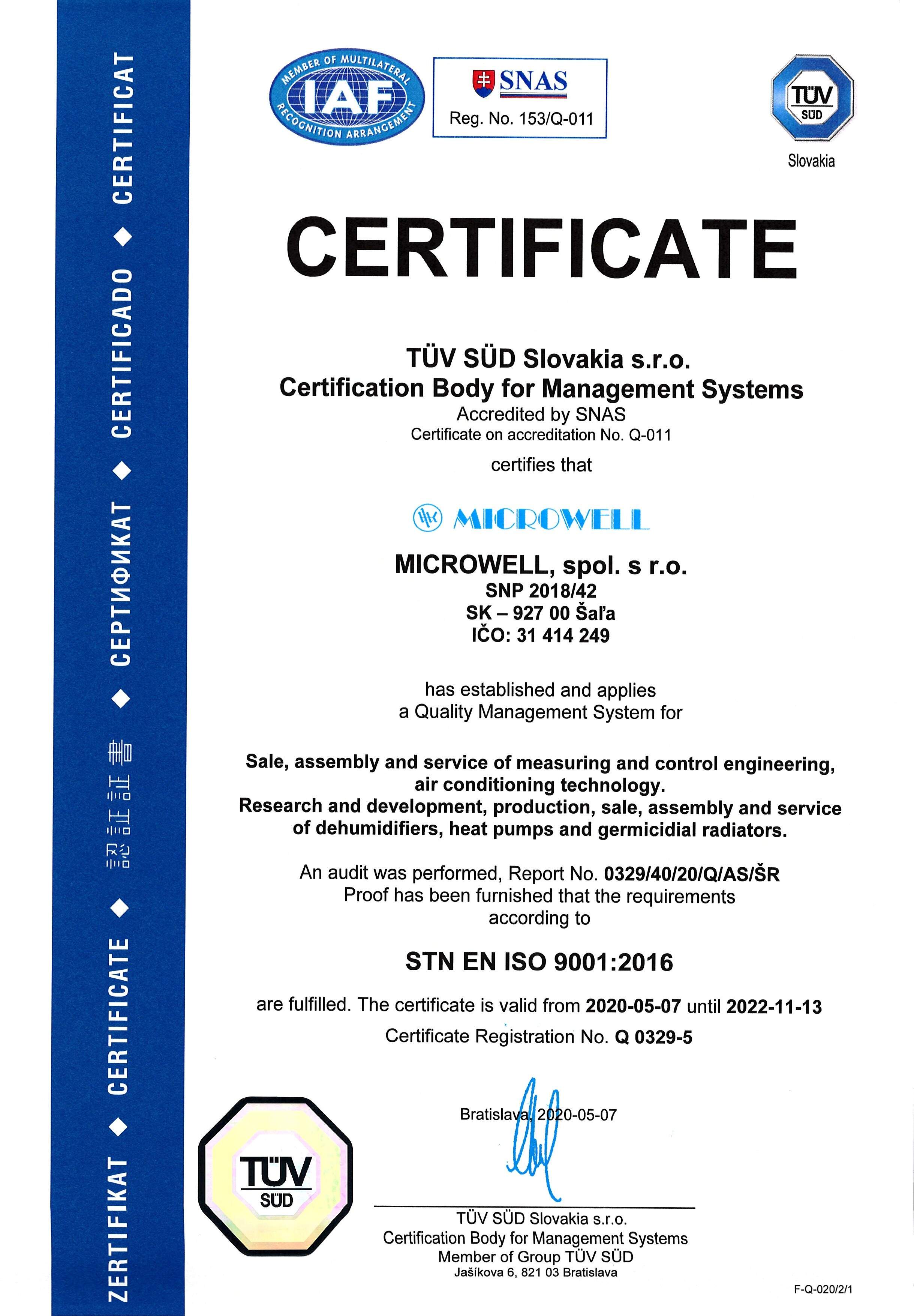 professional germicidal purifier, certificate
