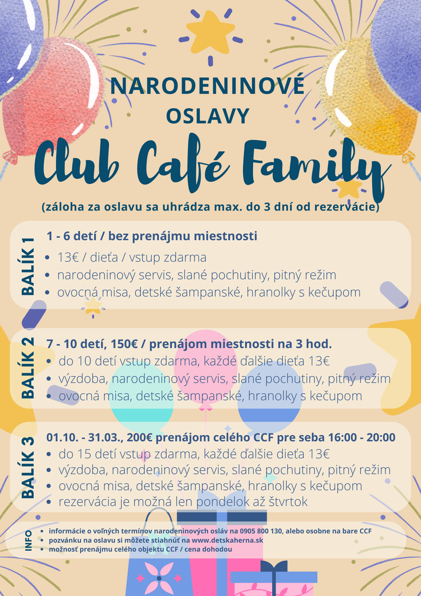 cenník narodeninových osláv Club Café Family