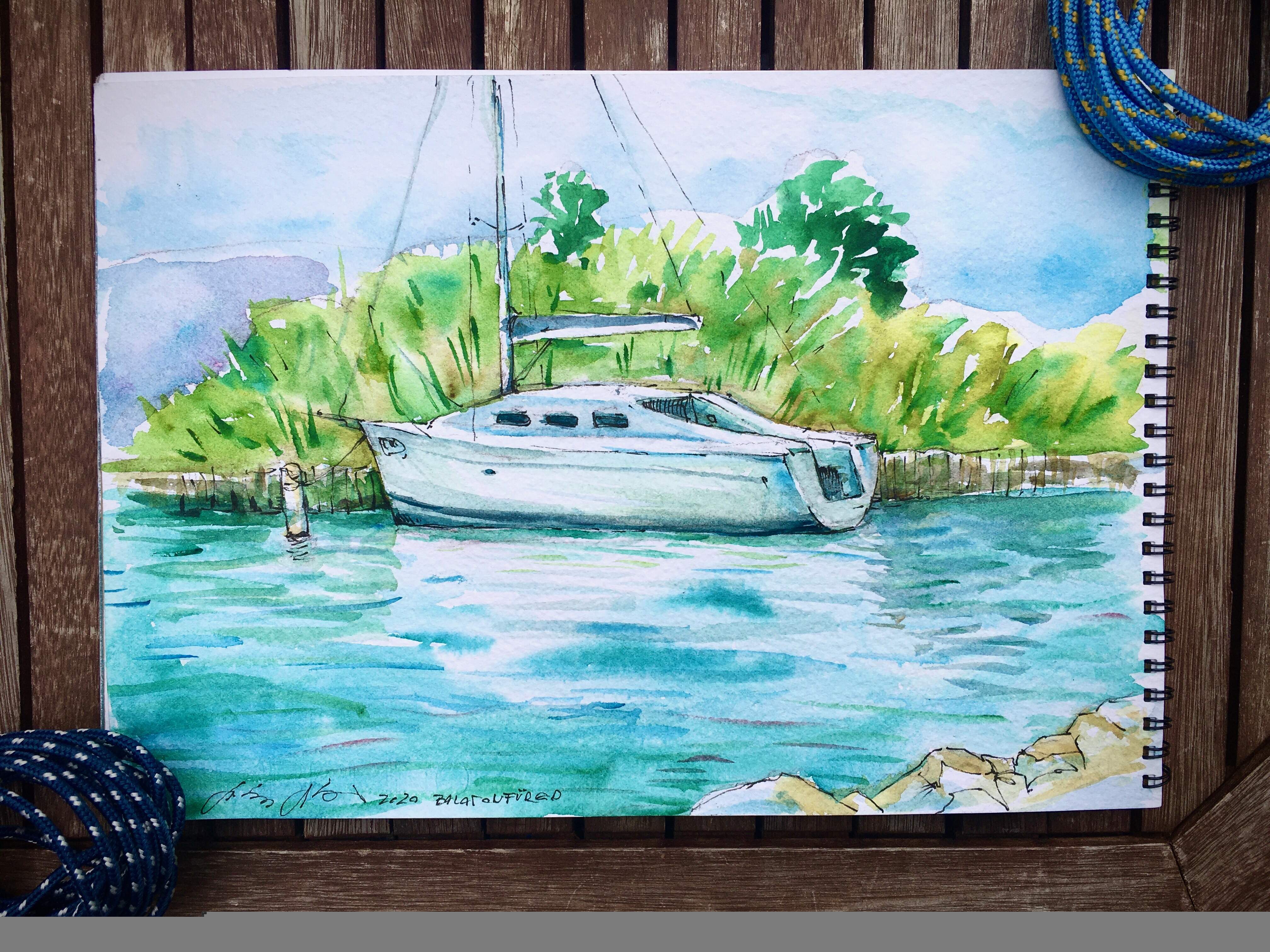 Balatoni nyár - Vitorlás hajó a kikötőban - akvarellfestményemről készült dedikált művészi nyomatok
