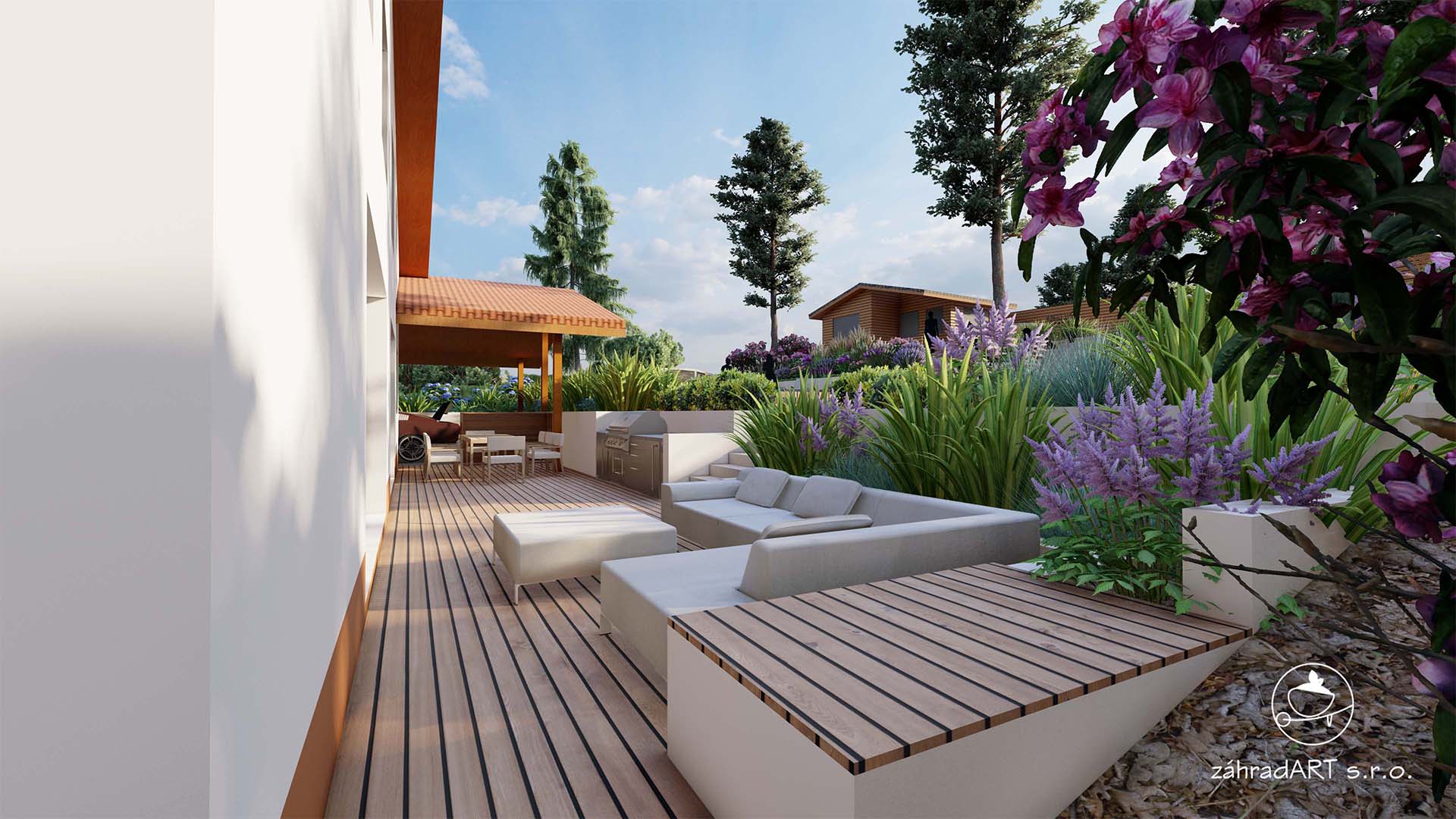 Veľkorysá terasa za domom z exotického dreva poskytuje dostatok priestoru na oddych a stolovanie