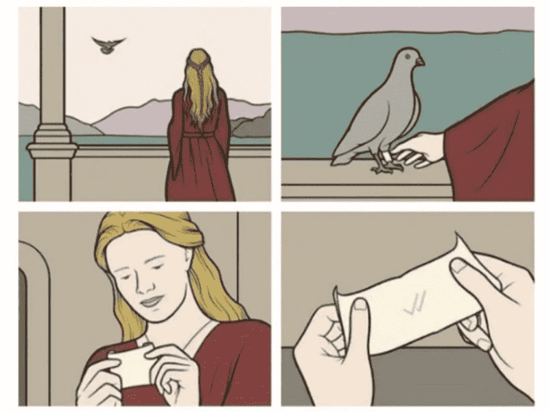 kreslený obrazok žena a holub