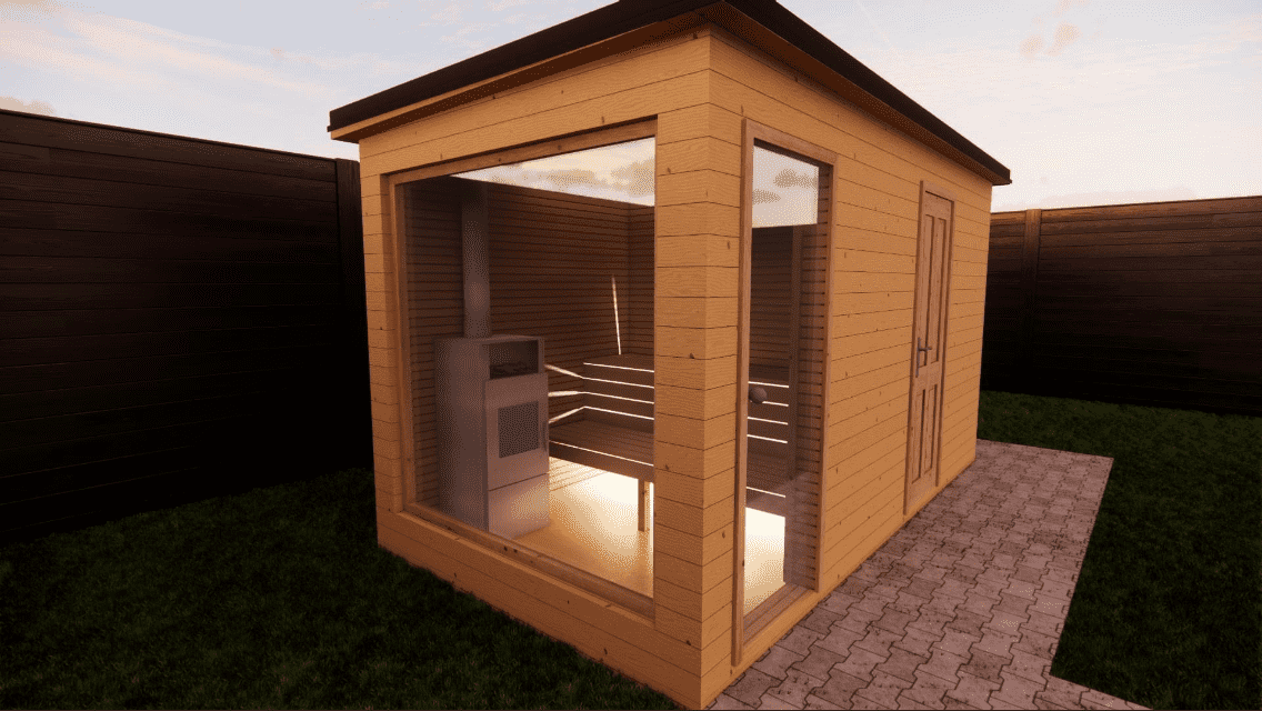 Exteriér drevenej sauny s interiérovým osvetlením