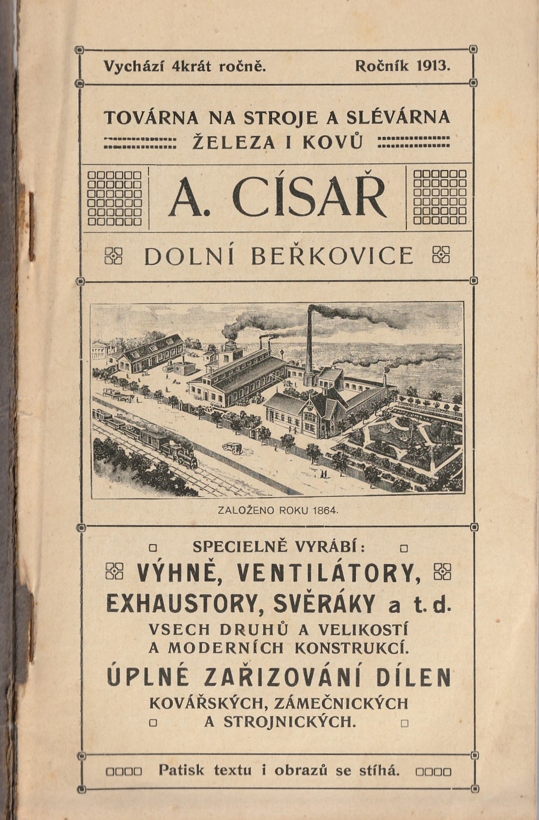 Továrna na stroje a slévárna železa a kovů A.Císař - Dolní Beřkovice /1913 katalog/