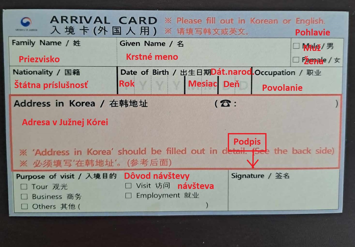 arrival card juzna korea