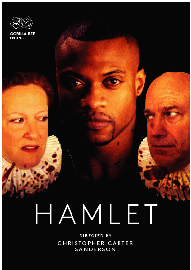 GORILLA REP HAMLET poster rough pictured L to R Lynda Kennedy as Rosencrantz Henry Austin Shikongo as Hamlet Bruce Barton as Guildensternpng