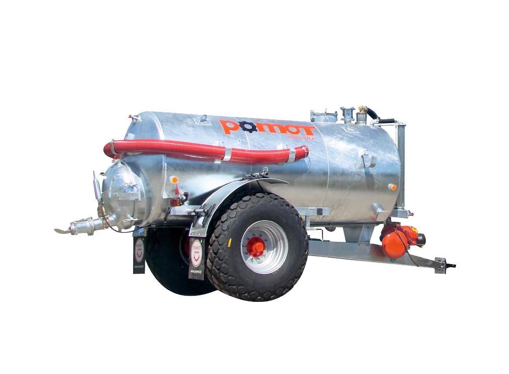 Cisterna od firmy Pomot s objemom 8 000 litrov, jednonápravová cisterna za traktor